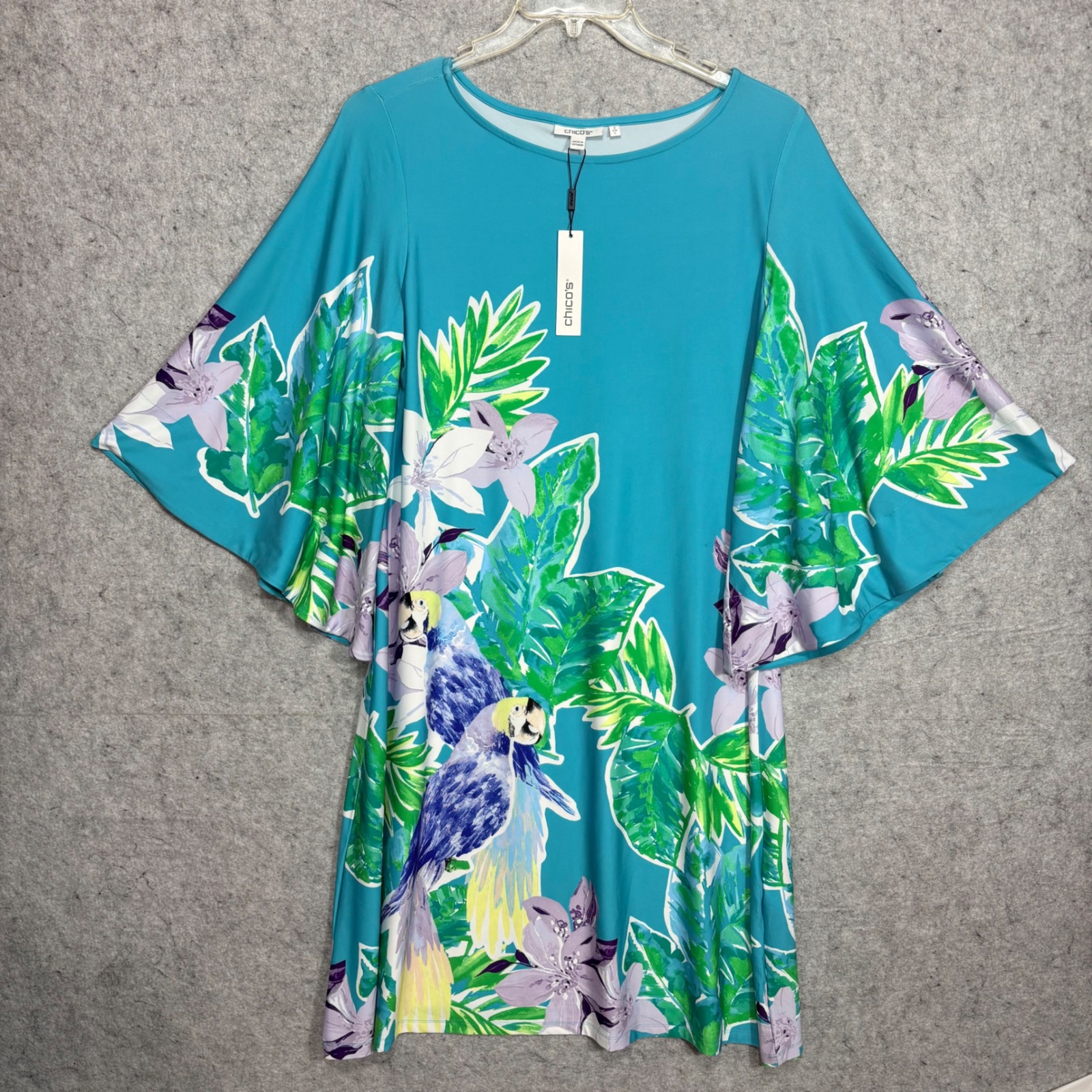 Chico's Short Dress Women Sz 2 12-14 Blue New Tropical Parrot Boat Neck Flutter
